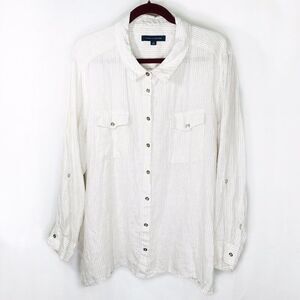 Tommy Hilfiger Women's Plus 2X Beige Striped Linen Roll Tab Button Up Shirt